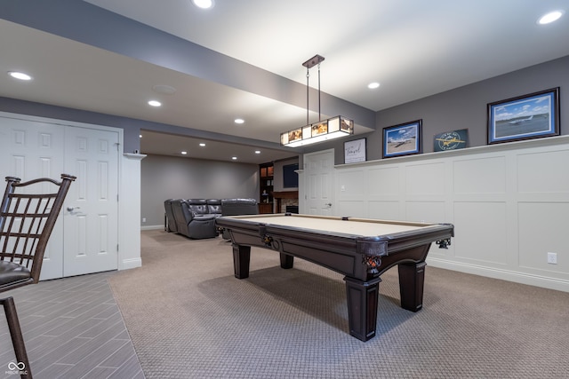 876 Box Turtle Ct, Columbus, IN 47201 - playroom with pool table, recessed lighting, carpet, and a decorative wall