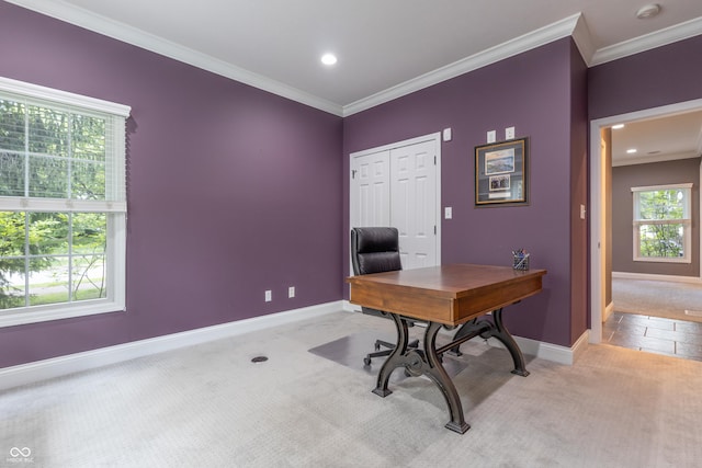 876 Box Turtle Ct, Columbus, IN 47201 - office featuring light carpet, baseboards, ornamental molding, and recessed lighting