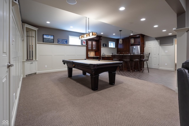 876 Box Turtle Ct, Columbus, IN 47201 - playroom with bar area, pool table, recessed lighting, a decorative wall, and carpet