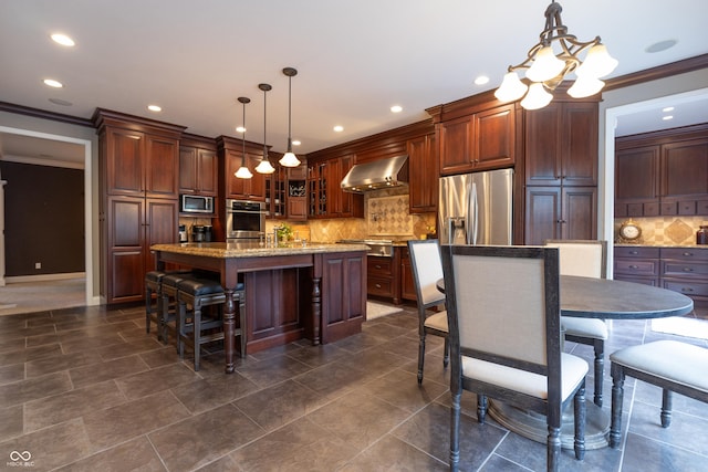 876 Box Turtle Ct, Columbus, IN 47201 - kitchen with appliances with stainless steel finishes, a chandelier, wall chimney exhaust hood, ornamental molding, and decorative backsplash