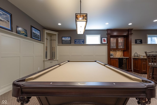876 Box Turtle Ct, Columbus, IN 47201 - playroom featuring billiards, bar, carpet floors, and recessed lighting