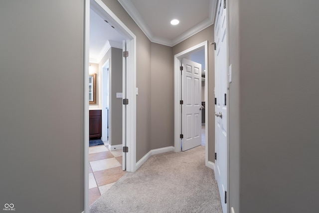 876 Box Turtle Ct, Columbus, IN 47201 - hallway with crown molding, baseboards, light colored carpet, and recessed lighting
