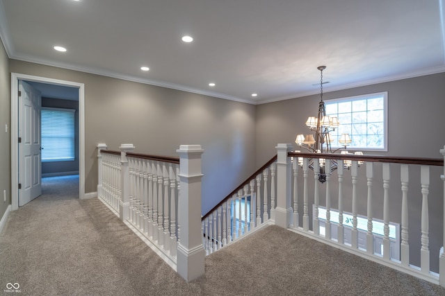 876 Box Turtle Ct, Columbus, IN 47201 - corridor featuring an upstairs landing, carpet, a chandelier, recessed lighting, and baseboards