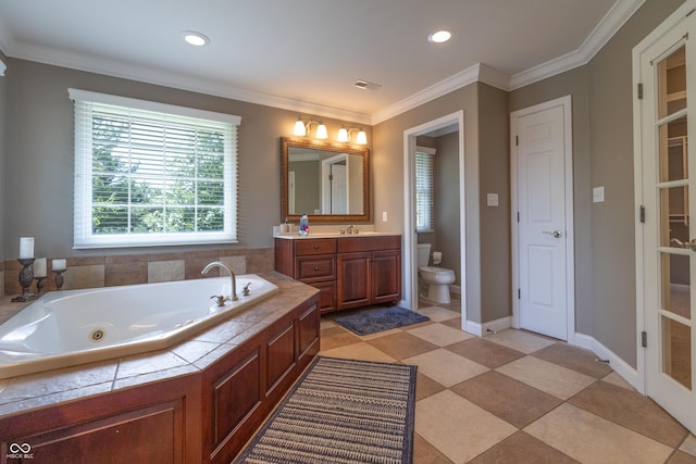 876 Box Turtle Ct, Columbus, IN 47201 - bathroom with vanity, a tub with jets, toilet, crown molding, and recessed lighting