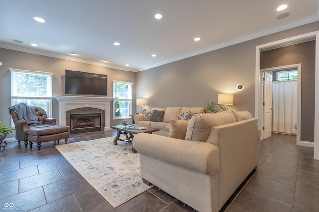 876 Box Turtle Ct, Columbus, IN 47201 - living area featuring recessed lighting, a tile fireplace, baseboards, and crown molding