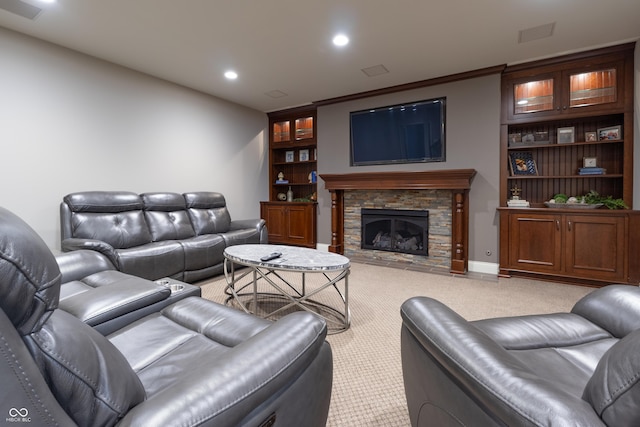 876 Box Turtle Ct, Columbus, IN 47201 - carpeted living room with a fireplace, recessed lighting, and baseboards