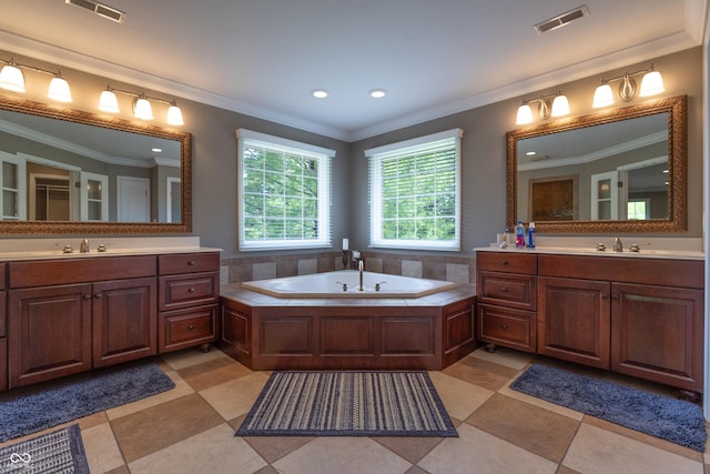 876 Box Turtle Ct, Columbus, IN 47201 - full bath with two vanities, a garden tub, ornamental molding, and recessed lighting