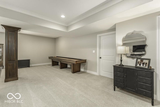 7648 Killarney Dr, Indianapolis, IN 46217 - recreation room featuring light colored carpet, baseboards, recessed lighting, and a raised ceiling