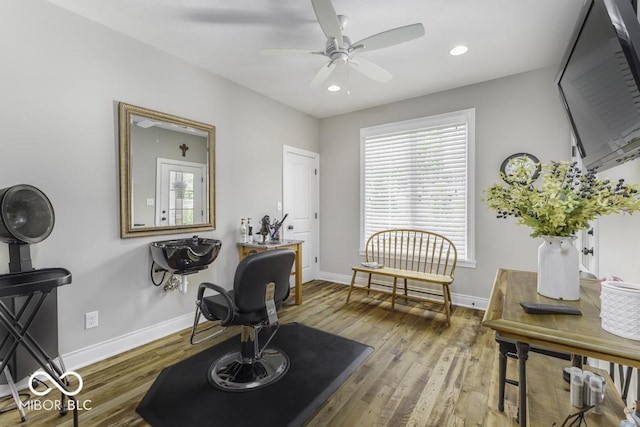 7648 Killarney Dr, Indianapolis, IN 46217 - sitting room with plenty of natural light, a ceiling fan, baseboards, wood finished floors, and recessed lighting