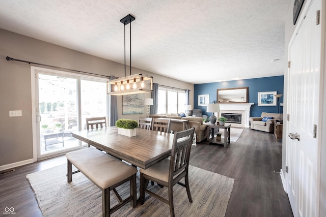 12093 Ashland Dr, Fishers, IN 46037 - dining space with a textured ceiling, dark wood-type flooring, and a glass covered fireplace