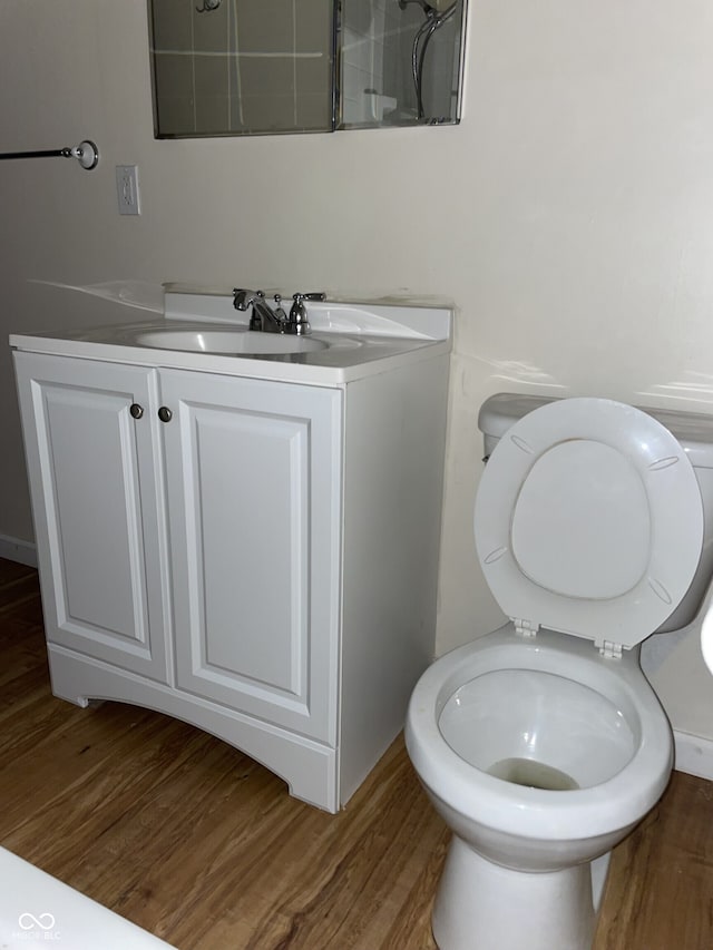 bathroom featuring wood finished floors, toilet, and vanity