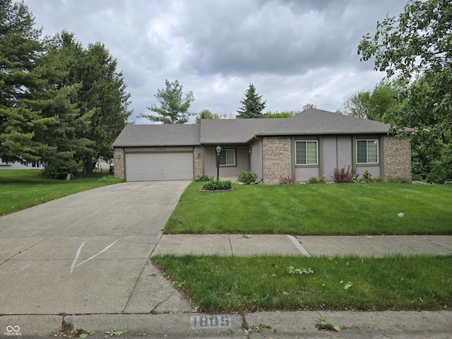 1805 River Run Trl, Fort Wayne, IN 46825 - ranch-style house with an attached garage, driveway, a front yard, brick siding, and a shingled roof