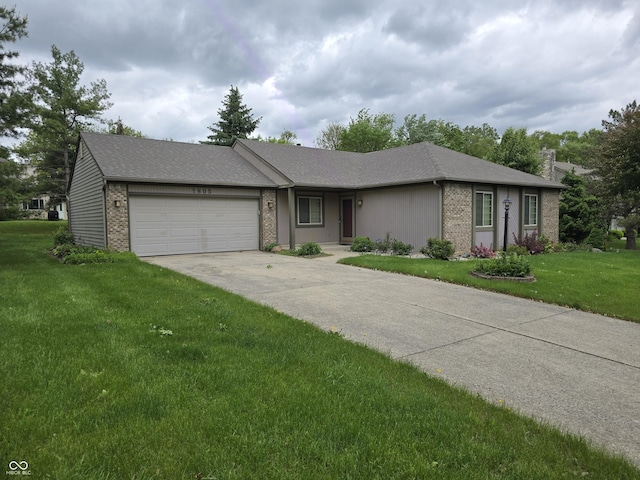 1805 River Run Trl, Fort Wayne, IN 46825 - view of front facade with brick siding, a garage, a front lawn, driveway, and a chimney