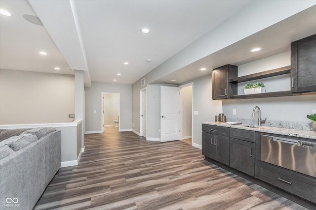 16071 Prince Ct, Noblesville, IN 46062 - kitchen with open shelves, dark wood-style floors, a sink, recessed lighting, and stainless steel dishwasher