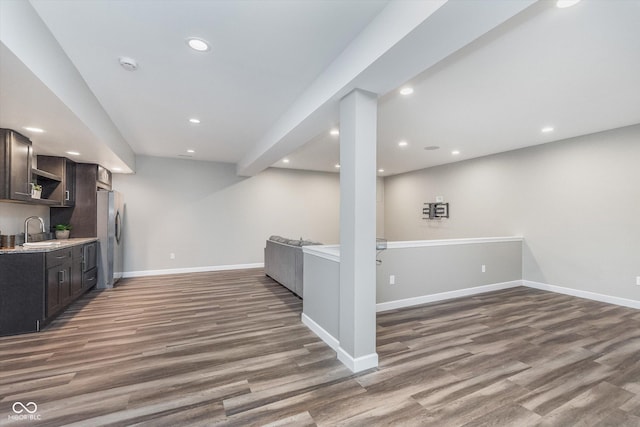 16071 Prince Ct, Noblesville, IN 46062 - kitchen with a sink, open floor plan, freestanding refrigerator, wood finished floors, and recessed lighting