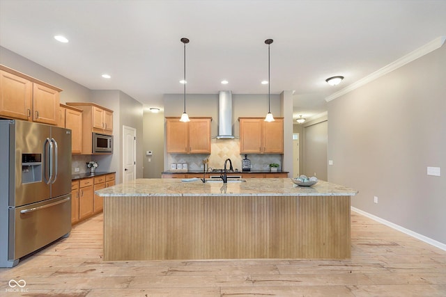 16071 Prince Ct, Noblesville, IN 46062 - kitchen featuring appliances with stainless steel finishes, wall chimney exhaust hood, light wood-style floors, backsplash, and crown molding