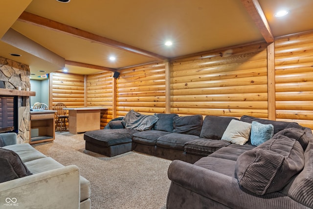 7978 Park Meadows Dr, Brownsburg, IN 46112 - living area featuring beam ceiling, carpet floors, recessed lighting, rustic walls, and a fireplace