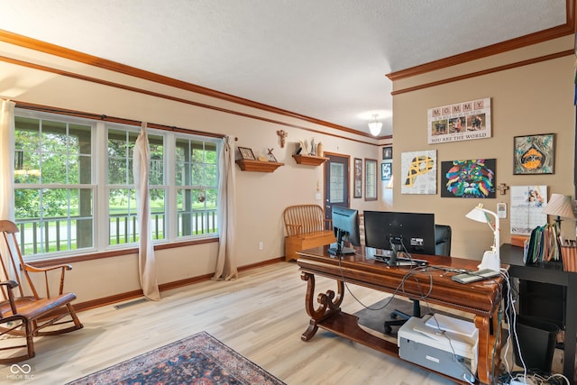 7978 Park Meadows Dr, Brownsburg, IN 46112 - office area with crown molding, plenty of natural light, light wood-style flooring, baseboards, and a textured ceiling