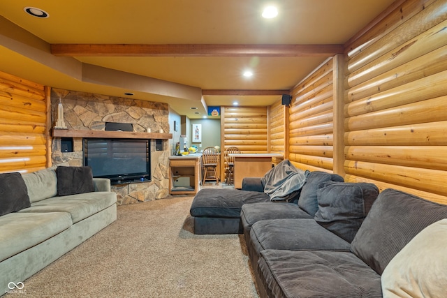 7978 Park Meadows Dr, Brownsburg, IN 46112 - carpeted living area featuring beam ceiling, rustic walls, and a fireplace