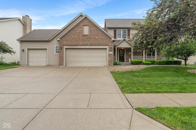 7978 Park Meadows Dr, Brownsburg, IN 46112 - view of front of home with brick siding, an attached garage, concrete driveway, a front lawn, and a porch