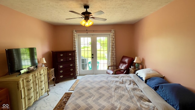 994 Youngs Creek Dr, Franklin, IN 46131 - bedroom with access to outside, light marble finish floors, a textured ceiling, and a ceiling fan