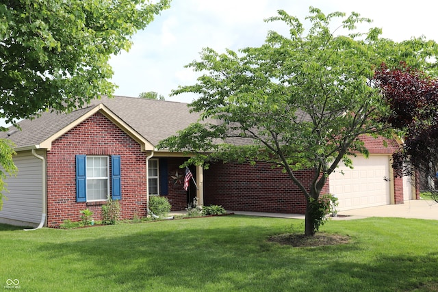 994 Youngs Creek Dr, Franklin, IN 46131 - ranch-style house featuring concrete driveway, a front lawn, roof with shingles, and brick siding