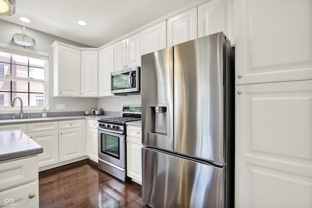 73 11th St NW, Carmel, IN 46032 - kitchen featuring appliances with stainless steel finishes, a sink, white cabinets, recessed lighting, and dark wood-type flooring