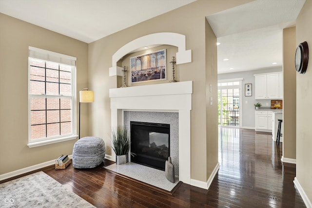 73 11th St NW, Carmel, IN 46032 - living room featuring dark wood finished floors, a multi sided fireplace, baseboards, and recessed lighting