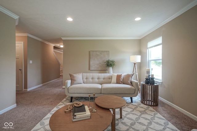 695 Overcup St, Westfield, IN 46074 - living room featuring light carpet, baseboards, ornamental molding, and recessed lighting