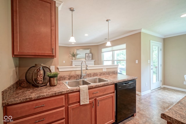 695 Overcup St, Westfield, IN 46074 - kitchen featuring dishwasher, a sink, ornamental molding, decorative light fixtures, and brown cabinets