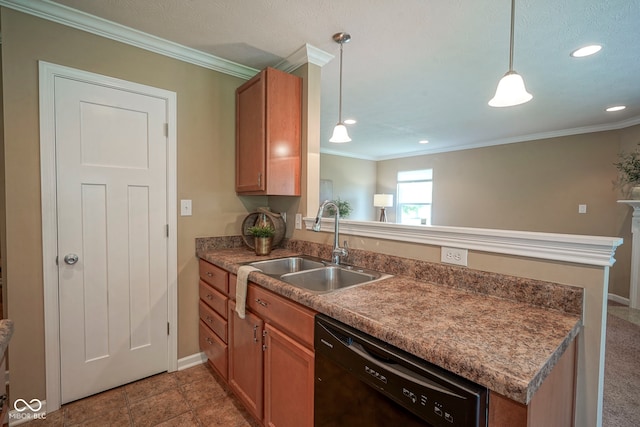 695 Overcup St, Westfield, IN 46074 - kitchen with dishwasher, a sink, a peninsula, brown cabinetry, and ornamental molding