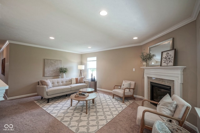 695 Overcup St, Westfield, IN 46074 - living room with light colored carpet, a glass covered fireplace, recessed lighting, baseboards, and crown molding