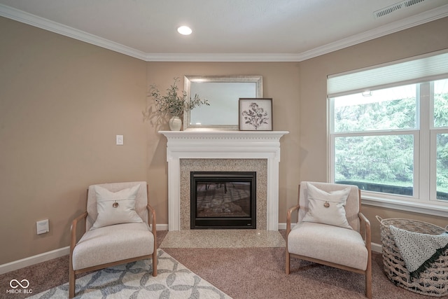 695 Overcup St, Westfield, IN 46074 - living area featuring ornamental molding, carpet, baseboards, a glass covered fireplace, and recessed lighting