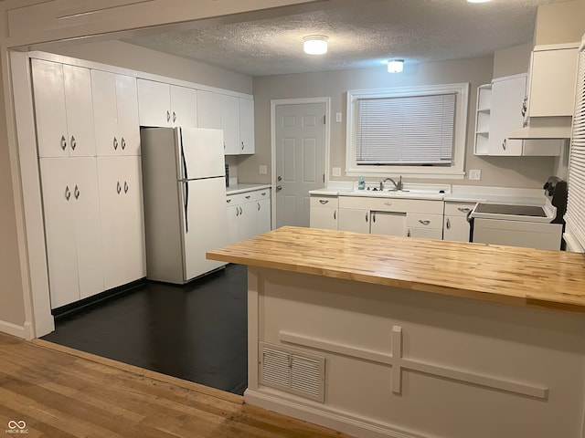 249 Spring St, Plainfield, IN 46168 - kitchen with freestanding refrigerator, range, wood counters, white cabinetry, and a textured ceiling