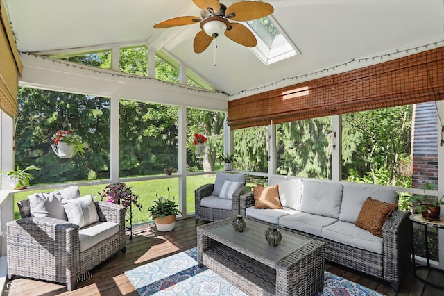 12335 Old Stone Dr, Indianapolis, IN 46236 - sunroom / solarium with ceiling fan, an outdoor hangout area, a skylight, and lofted ceiling