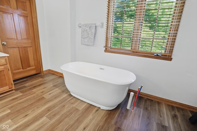 12335 Old Stone Dr, Indianapolis, IN 46236 - full bathroom with a freestanding tub, baseboards, wood finished floors, and vanity