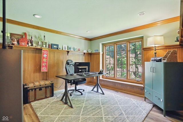 12335 Old Stone Dr, Indianapolis, IN 46236 - office featuring wood finished floors, crown molding, wood walls, and wainscoting