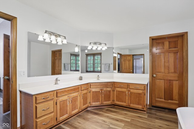 12335 Old Stone Dr, Indianapolis, IN 46236 - bathroom with wood finished floors, double vanity, and a freestanding bath