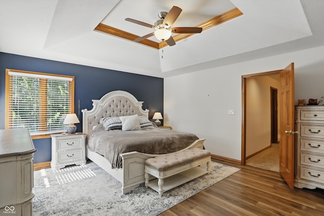 12335 Old Stone Dr, Indianapolis, IN 46236 - bedroom featuring a tray ceiling, wood finished floors, baseboards, and ceiling fan