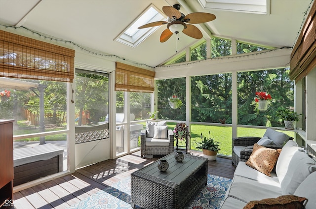 12335 Old Stone Dr, Indianapolis, IN 46236 - sunroom with a skylight, a ceiling fan, an outdoor hangout area, and lofted ceiling
