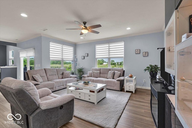 13495 Forest Glade Dr, Fishers, IN 46037 - living area with ceiling fan, crown molding, healthy amount of natural light, wood finished floors, and recessed lighting