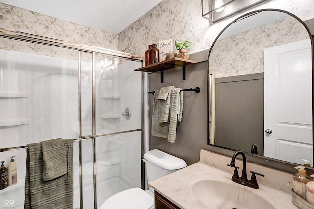 1664 Woodside Cir, Franklin, IN 46131 - full bathroom featuring wallpapered walls, vanity, and a shower stall