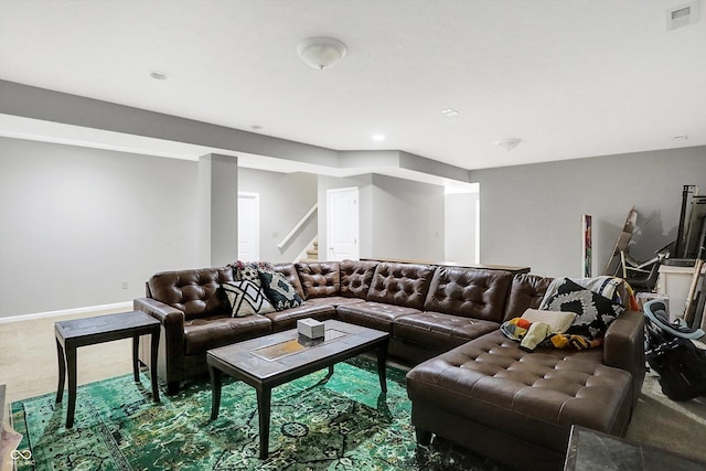 1664 Woodside Cir, Franklin, IN 46131 - living room featuring stairs, carpet, and recessed lighting