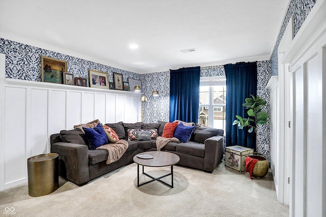 1664 Woodside Cir, Franklin, IN 46131 - living room with wallpapered walls, wainscoting, carpet, and a decorative wall