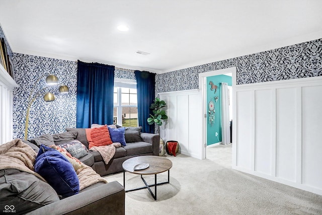 1664 Woodside Cir, Franklin, IN 46131 - living room featuring wallpapered walls, a decorative wall, carpet floors, and a wainscoted wall