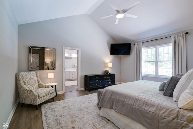 9154 Sargent Manor Ct, Indianapolis, IN 46256 - bedroom with wood finished floors, baseboards, connected bathroom, high vaulted ceiling, and ceiling fan