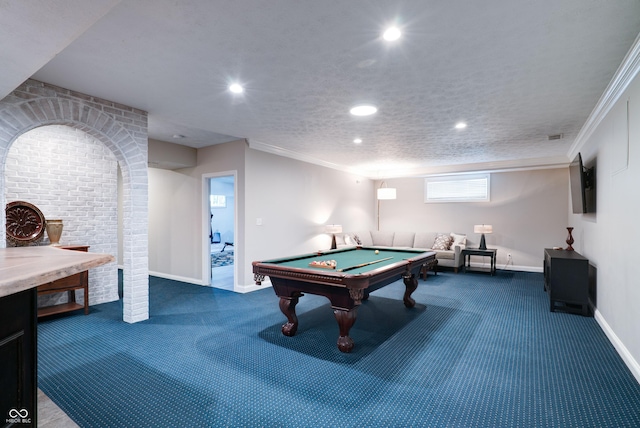 9154 Sargent Manor Ct, Indianapolis, IN 46256 - rec room featuring carpet floors, recessed lighting, billiards table, baseboards, and crown molding