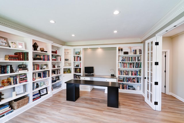 9154 Sargent Manor Ct, Indianapolis, IN 46256 - office with ornamental molding, light wood-type flooring, french doors, and recessed lighting