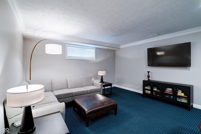 9154 Sargent Manor Ct, Indianapolis, IN 46256 - living room featuring carpet floors, a textured ceiling, baseboards, and crown molding