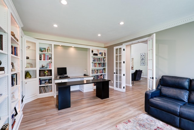 9154 Sargent Manor Ct, Indianapolis, IN 46256 - office space featuring french doors, ornamental molding, light wood-style flooring, recessed lighting, and baseboards